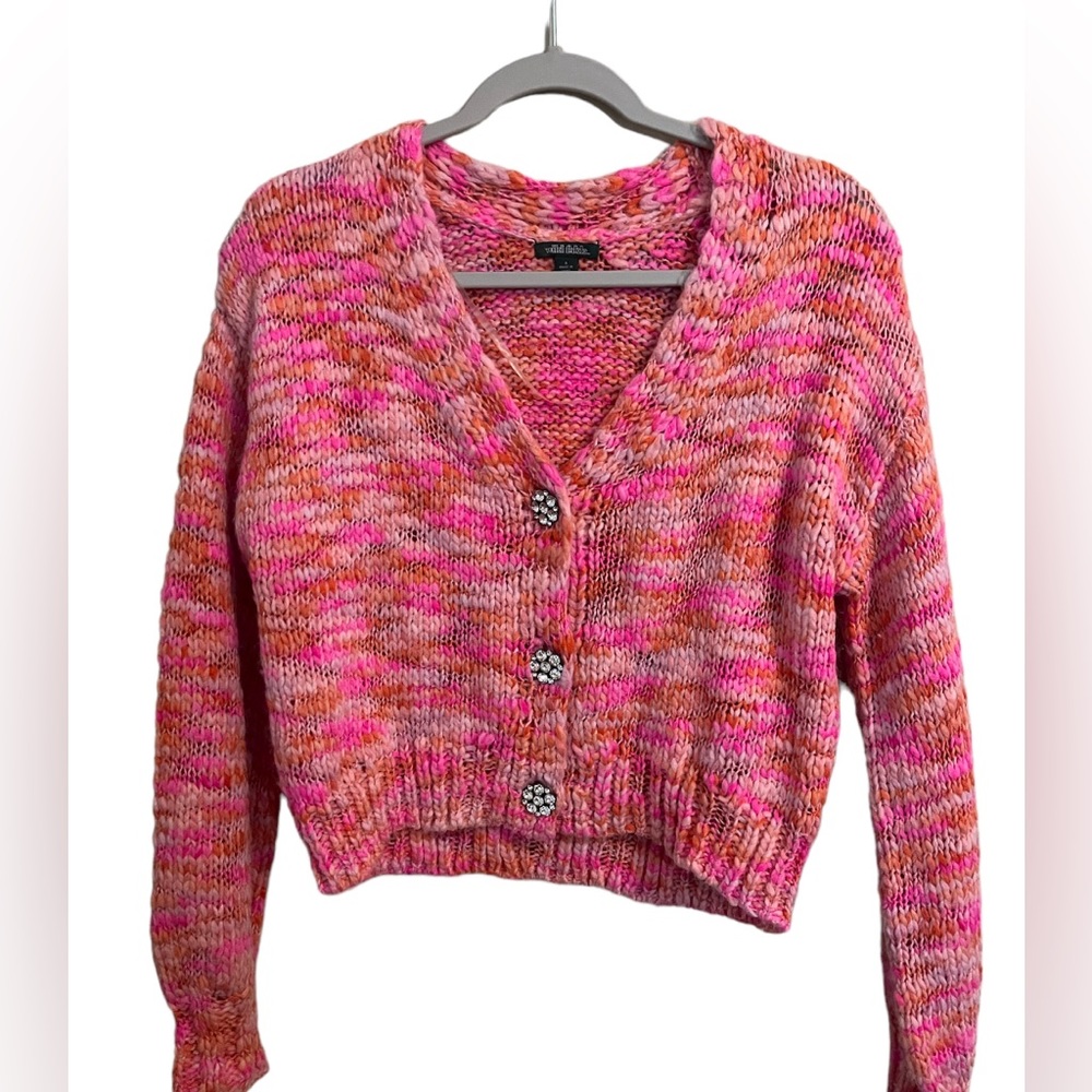 Bright Pink Knitted Loose Sweater with Crystal Buttons
